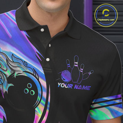 Custom Black And Holographic Splatter Bowling Shirts For Men, Bowling Team Jersey Polo & 1/4 Zip TDM7654