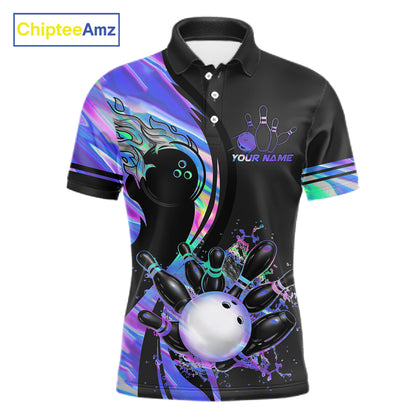 Custom Black And Holographic Splatter Bowling Shirts For Men, Bowling Team Jersey Polo & 1/4 Zip TDM7654