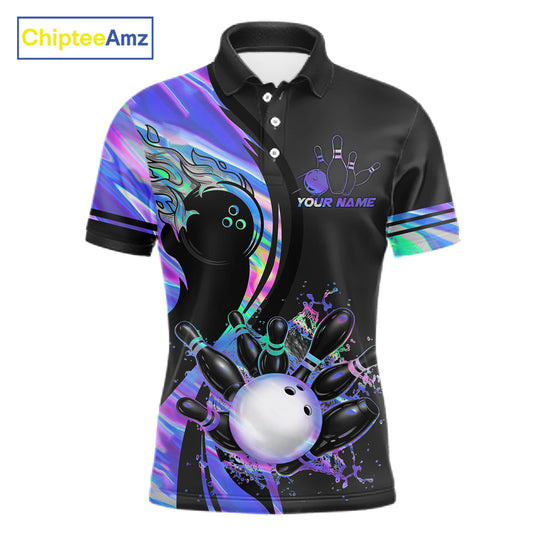 Custom Black And Holographic Splatter Bowling Shirts For Men, Bowling Team Jersey Polo & 1/4 Zip TDM7654