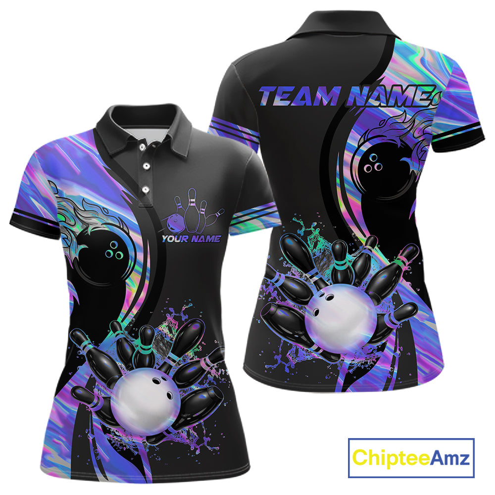 Custom Black And Holographic Splatter Bowling Shirts For Women, Bowling Team Jersey Polo & 1/4 Zip TDM7654