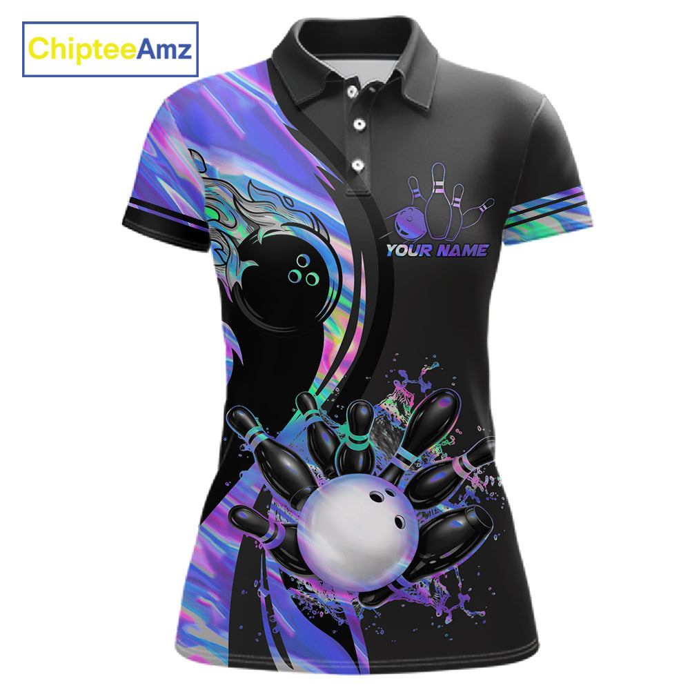 Custom Black And Holographic Splatter Bowling Shirts For Women, Bowling Team Jersey Polo & 1/4 Zip TDM7654