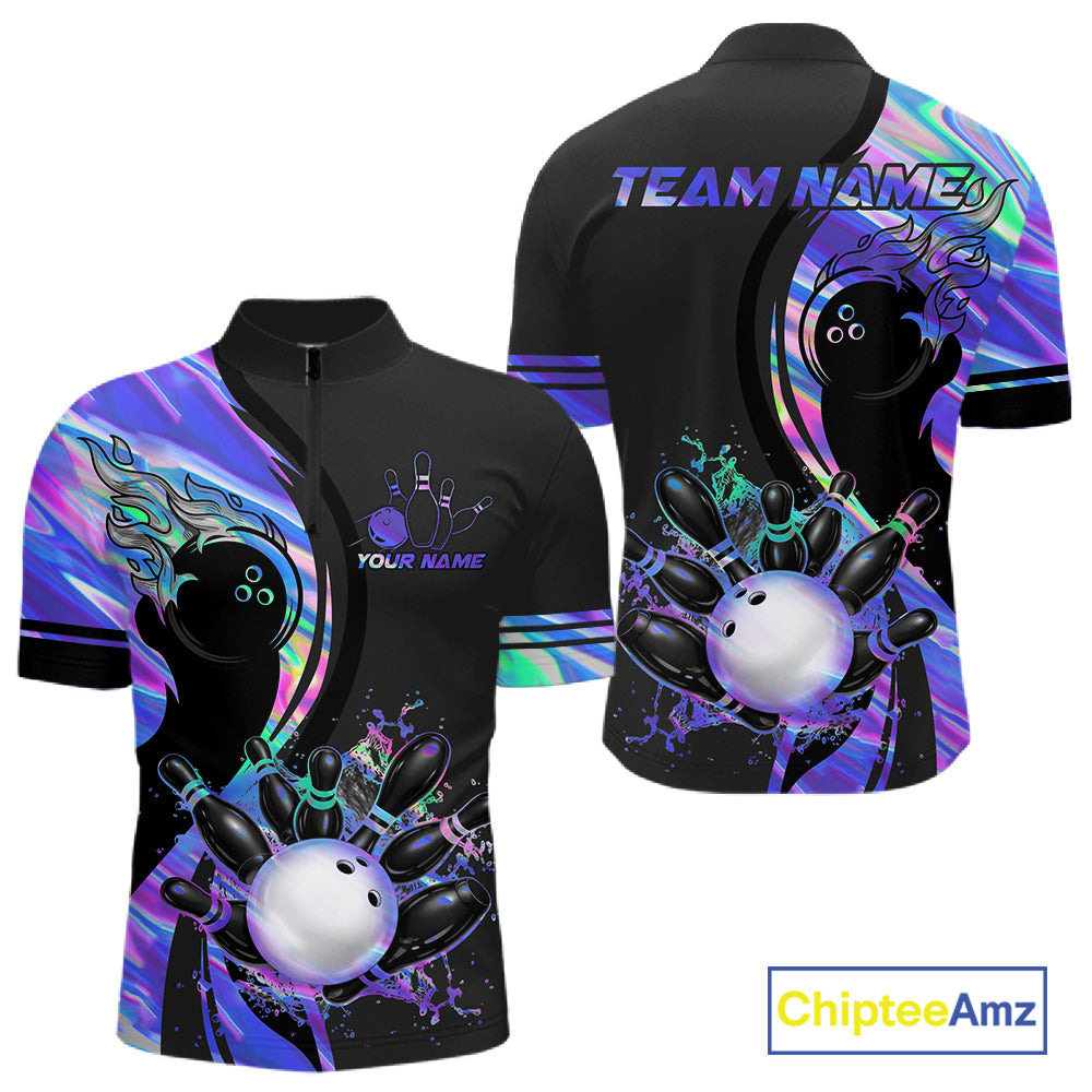 Custom Black And Holographic Splatter Bowling Shirts For Men, Bowling Team Jersey Polo & 1/4 Zip TDM7654