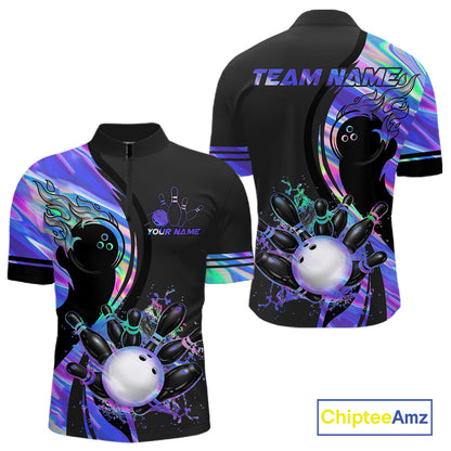 Custom Black And Holographic Splatter Bowling Shirts For Men, Bowling Team Jersey Polo & 1/4 Zip TDM7654