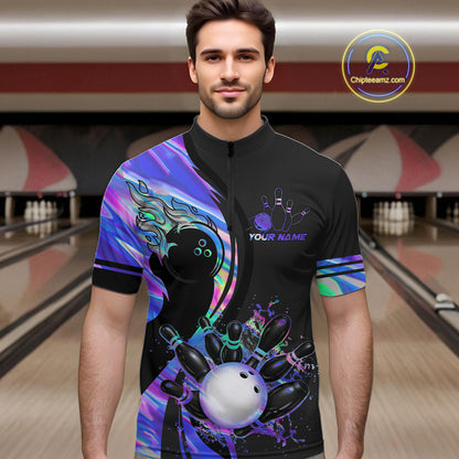 Custom Black And Holographic Splatter Bowling Shirts For Men, Bowling Team Jersey Polo & 1/4 Zip TDM7654