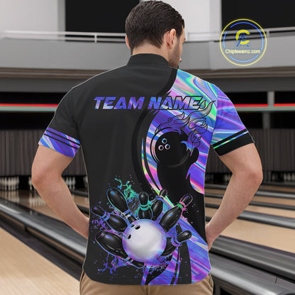 Custom Black And Holographic Splatter Bowling Shirts For Men, Bowling Team Jersey Polo & 1/4 Zip TDM7654