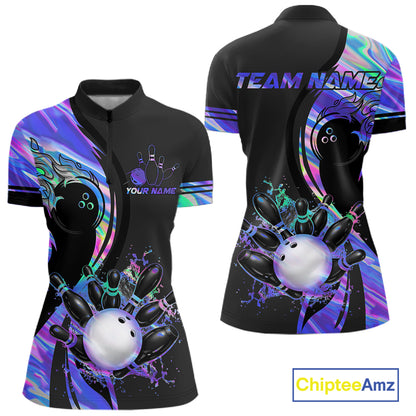 Custom Black And Holographic Splatter Bowling Shirts For Women, Bowling Team Jersey Polo & 1/4 Zip TDM7654