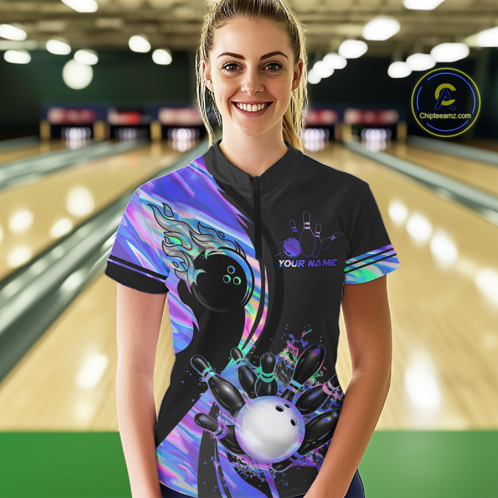 Custom Black And Holographic Splatter Bowling Shirts For Women, Bowling Team Jersey Polo & 1/4 Zip TDM7654