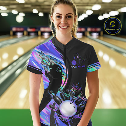 Custom Black And Holographic Splatter Bowling Shirts For Women, Bowling Team Jersey Polo & 1/4 Zip TDM7654