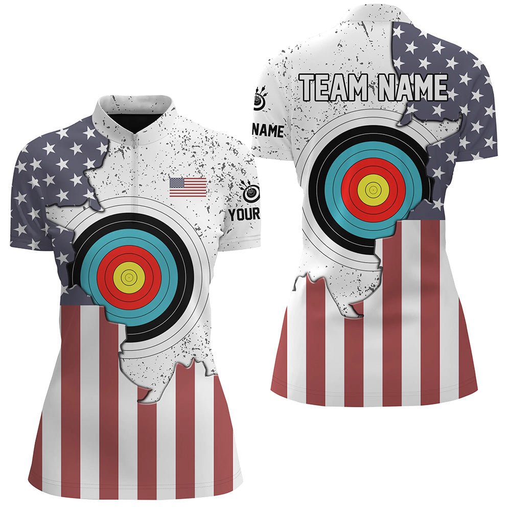 Personalized Archery USA Flag Vintage Women Quarter-Zip Shirts Custom Name Archery Jerseys  TDM0420