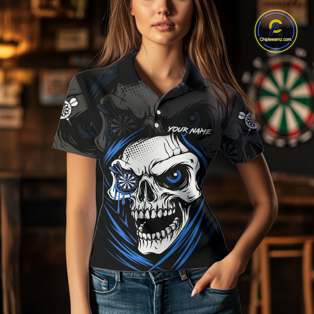 Personalized Funny Skull Darts Shirts For Women Custom Darts Jersey Team Polo & Quarter Zip |Blue TDM5296