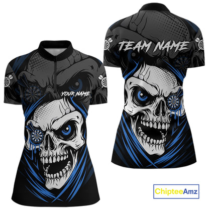 Personalized Funny Skull Darts Shirts For Women Custom Darts Jersey Team Polo & Quarter Zip |Blue TDM5296