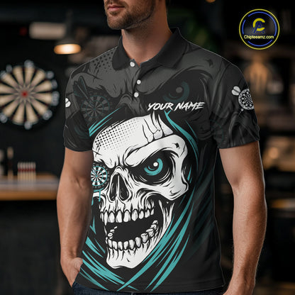 Personalized Funny Skull Darts Shirts For Men Custom Darts Jersey Team Polo & 1/4 Zip| Turquoise TDM5297