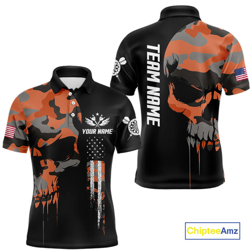 Orange Camouflage Skull Darts Shirt For Men Custom Patriotic US Flag Darts Jersey Polo & 1/4 Zip TDM5298