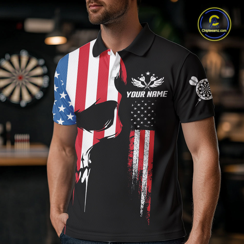 American Flag Skull Darts Shirt For Men Custom Patriotic Darts Jersey Team Polo & 1/4 Zip TDM5299