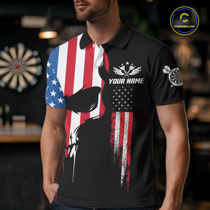 American Flag Skull Darts Shirt For Men Custom Patriotic Darts Jersey Team Polo & 1/4 Zip TDM5299