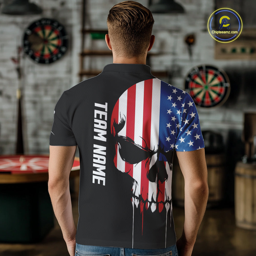 American Flag Skull Darts Shirt For Men Custom Patriotic Darts Jersey Team Polo & 1/4 Zip TDM5299