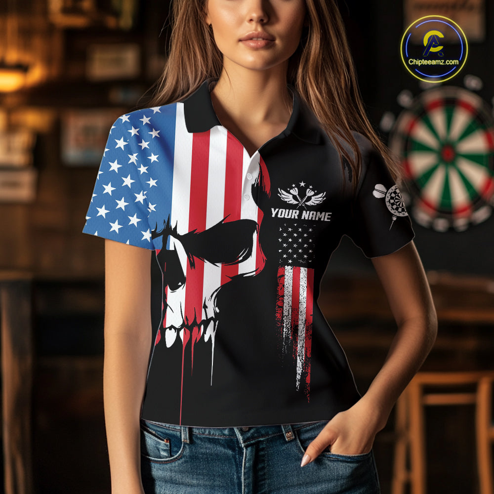 American Flag Skull Darts Shirt For Women Custom Patriotic Darts Jersey Team Polo & 1/4 Zip TDM5299