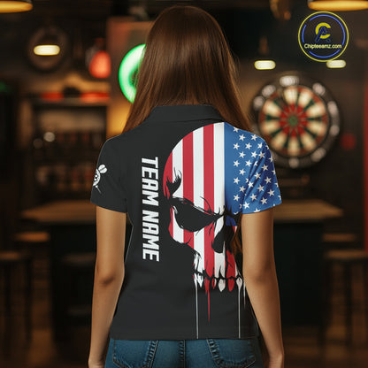American Flag Skull Darts Shirt For Women Custom Patriotic Darts Jersey Team Polo & 1/4 Zip TDM5299