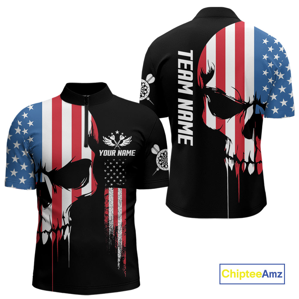 American Flag Skull Darts Shirt For Men Custom Patriotic Darts Jersey Team Polo & 1/4 Zip TDM5299
