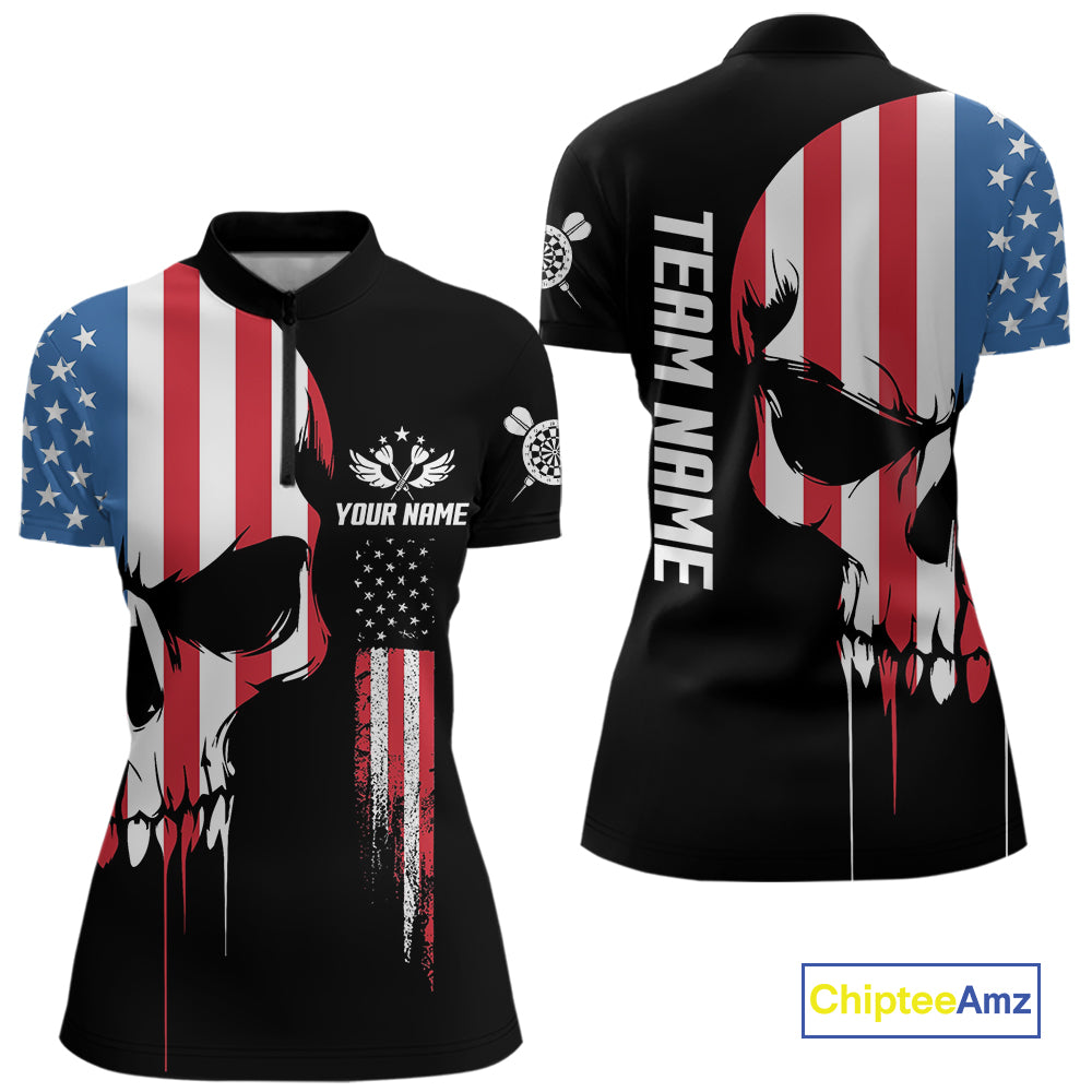 American Flag Skull Darts Shirt For Women Custom Patriotic Darts Jersey Team Polo & 1/4 Zip TDM5299