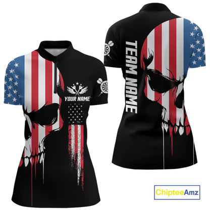 American Flag Skull Darts Shirt For Women Custom Patriotic Darts Jersey Team Polo & 1/4 Zip TDM5299
