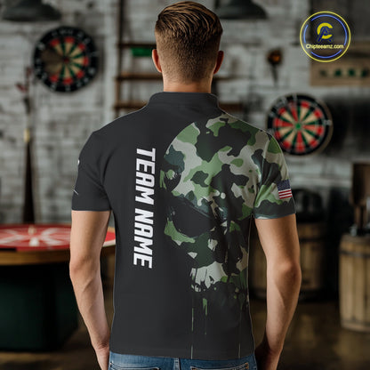Green Camouflage Skull Darts Shirt For Men Custom Patriotic US Flag Darts Jersey Polo & 1/4 Zip TDM5300