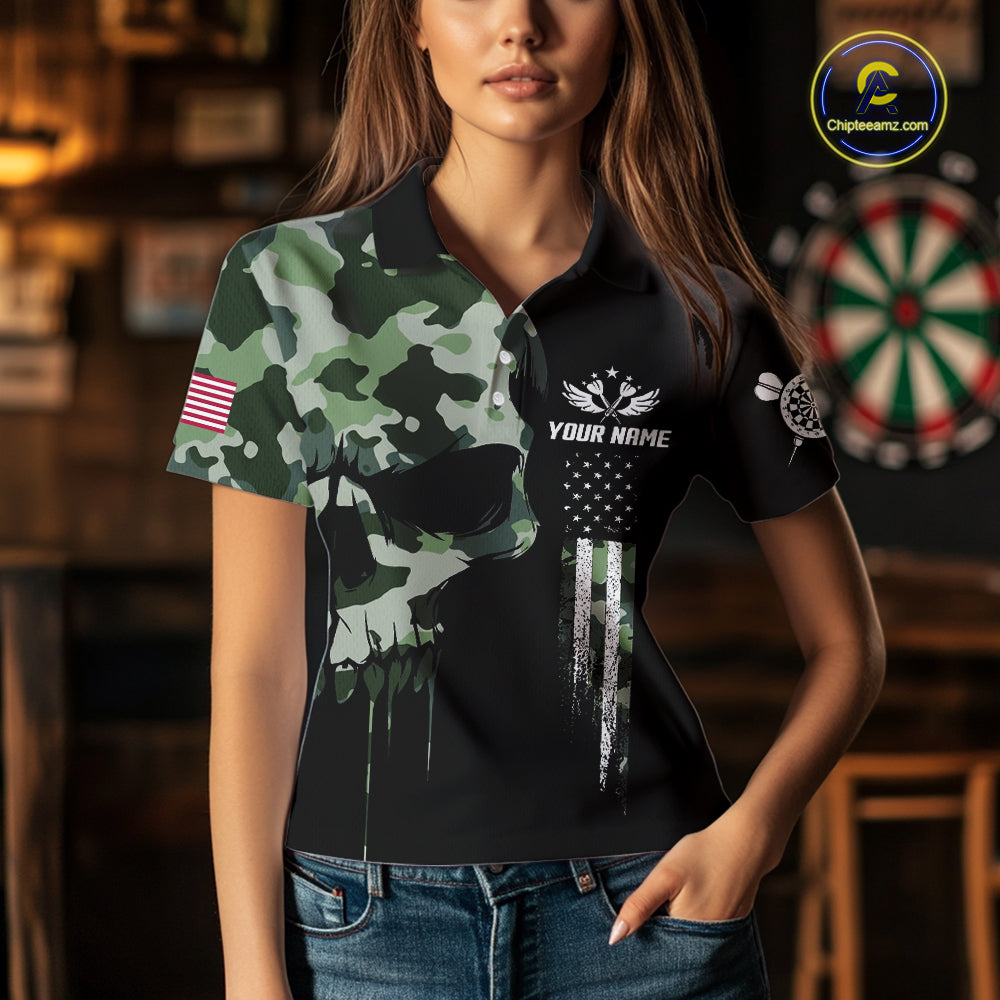 Green Camouflage Skull Darts Shirt For Women Custom Patriotic US Flag Darts Jersey Polo & 1/4 Zip TDM5300