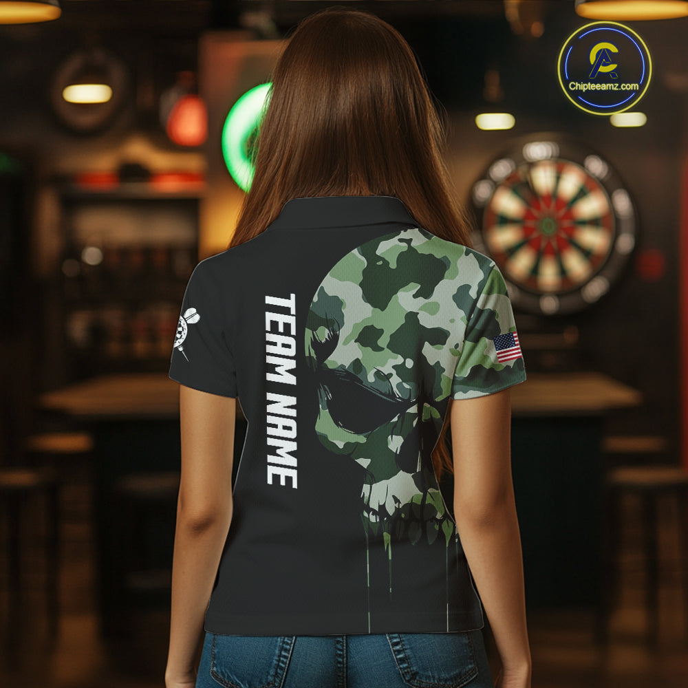Green Camouflage Skull Darts Shirt For Women Custom Patriotic US Flag Darts Jersey Polo & 1/4 Zip TDM5300