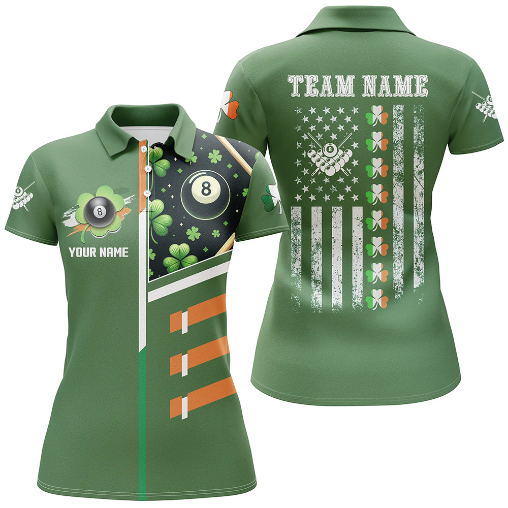 St Patrick's Day American Flag Custom Women Billiard Polo Shirts, Green Patrick Billiard Shirts TDM0986