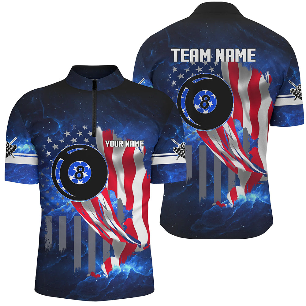 US Flag Blue Galaxy Custom Men Billiard Quarter-Zip Shirts, 8 Ball Pool Team League Shirts TDM0991