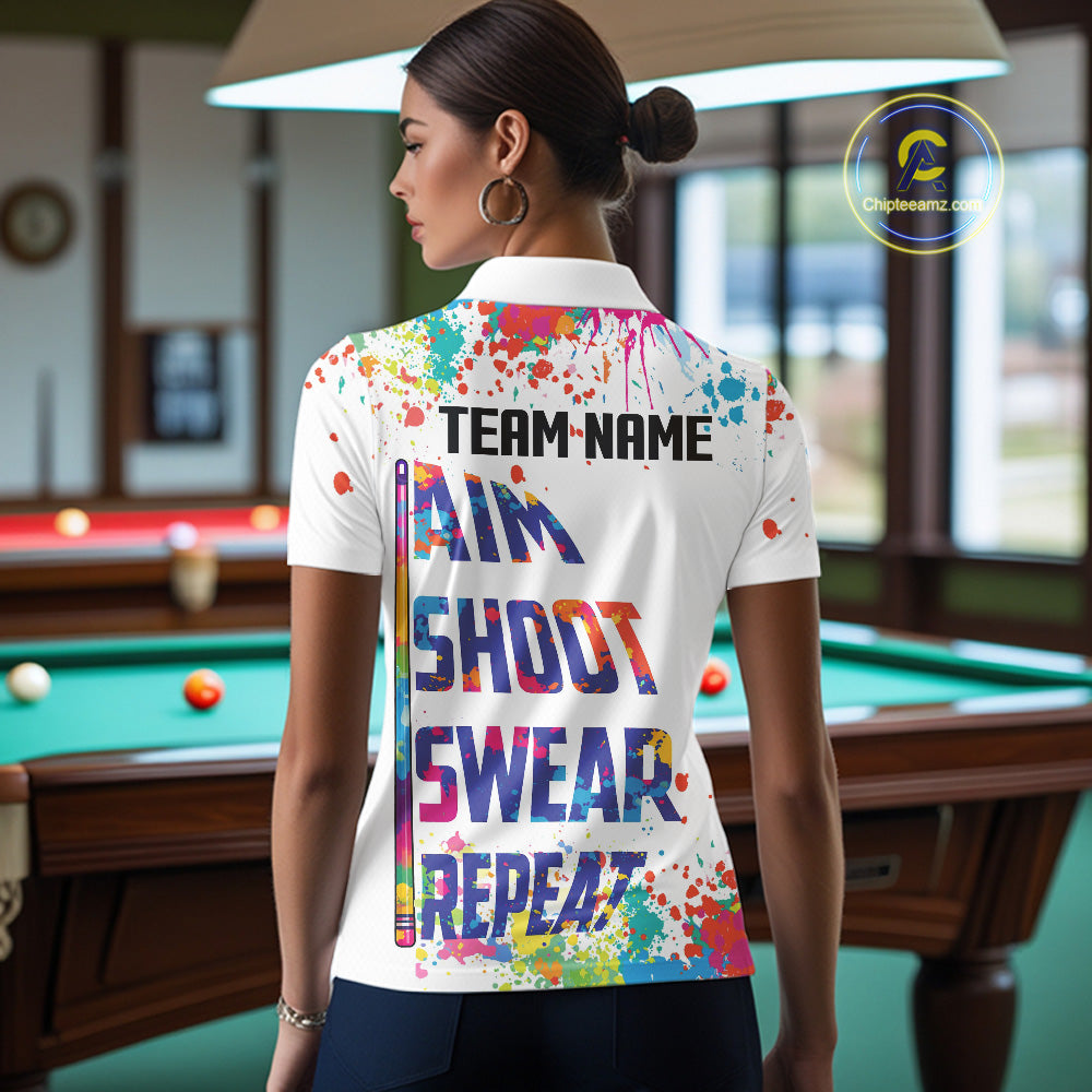 Colorful 8 Ball Crown Aim Shoot Swear Repeat Billiard Shirt For Women Custom Pool Team Jersey|White TDM5795