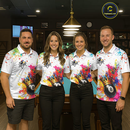 Colorful 8 Ball Crown Aim Shoot Swear Repeat Billiard Shirt For Women Custom Pool Team Jersey|White TDM5795