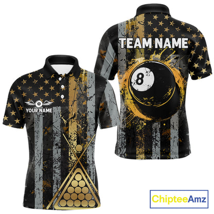 Custom Golden Grunge US Flag Patriotic Men's Billiard Shirt, 8 Ball Pool Jersey Polo & 1/4 Zip TDM6176
