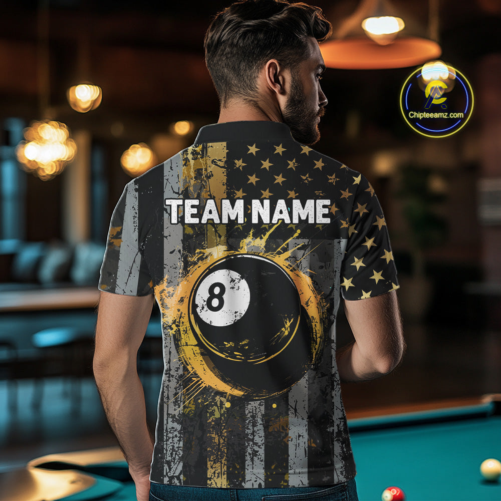Custom Golden Grunge US Flag Patriotic Men's Billiard Shirt, 8 Ball Pool Jersey Polo & 1/4 Zip TDM6176