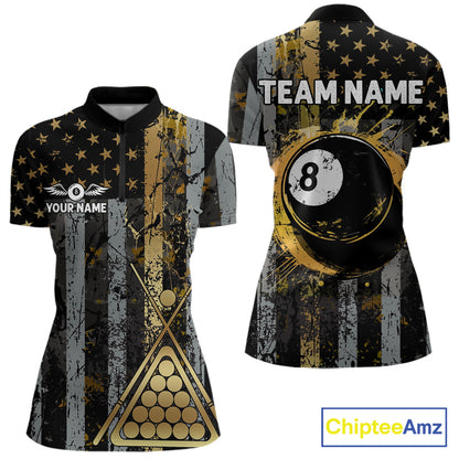 Custom Golden Grunge US Flag Patriotic Women's Billiard Shirt, 8 Ball Pool Jersey Polo & 1/4 Zip TDM6176