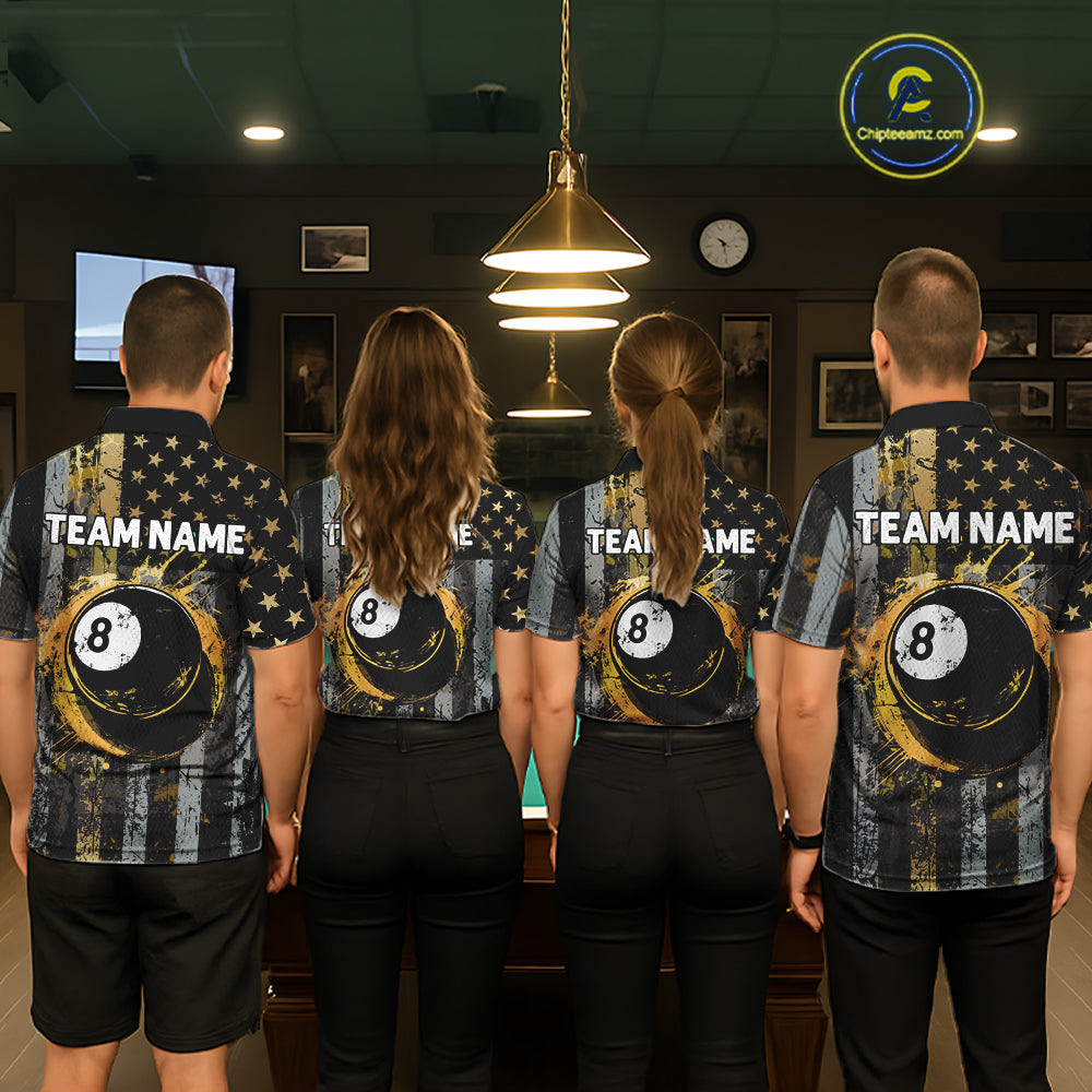 Custom Golden Grunge US Flag Patriotic Men's Billiard Shirt, 8 Ball Pool Jersey Polo & 1/4 Zip TDM6176