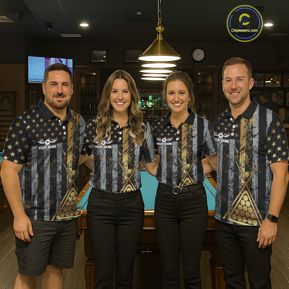 Custom Golden Grunge US Flag Patriotic Men's Billiard Shirt, 8 Ball Pool Jersey Polo & 1/4 Zip TDM6176