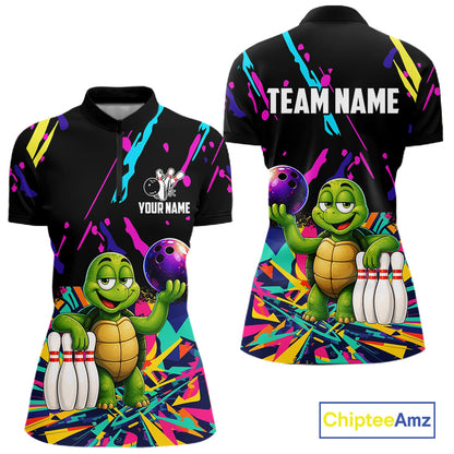 Colorful bowling quarter zip shirt with turtle design and customizable your name & team name