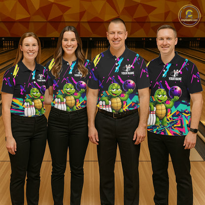 Four people wearing matching bowling-themed shirts with turtle graphic in a bowling alley.