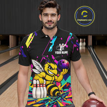 Load image into Gallery viewer, Man wearing a colorful bowling-themed shirt with a bee graphic in a bowling alley.
