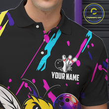 Load image into Gallery viewer, Black bowling polo shirt with colorful designs and a bee graphic, featuring 'Your Name' text, on a dark background.