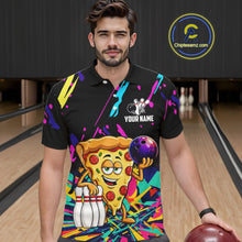 Load image into Gallery viewer, Man wearing a colorful bowling-themed shirt with a  pizza graphic in a bowling alley.