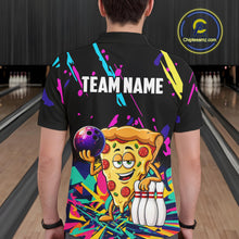 Load image into Gallery viewer, Person wearing a black bowling shirt with colorful design and pizza graphic in a bowling alley.