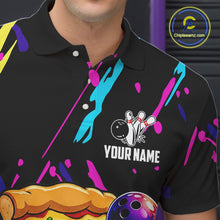 Load image into Gallery viewer, Black bowling polo shirt with colorful designs and a pizza graphic, featuring 'Your Name' text, on a dark background.