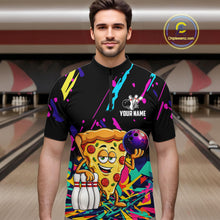 Load image into Gallery viewer, Man wearing a colorful bowling shirt with a pizza graphic in a bowling alley.