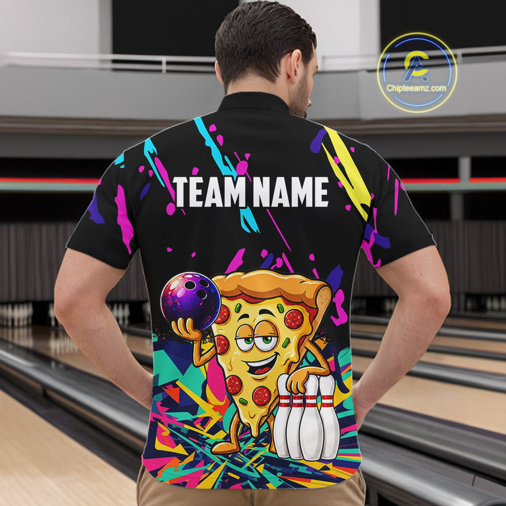 Person wearing a colorful bowling-themed shirt with a pizza design in a bowling alley.