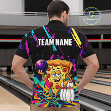 Load image into Gallery viewer, Person wearing a colorful bowling-themed shirt with a pizza design in a bowling alley.