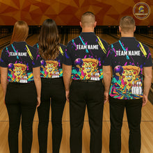 Load image into Gallery viewer, Four people wearing matching shirts with a pizza graphic and 'TEAM NAME' text on a bowling alley background.