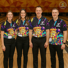 Load image into Gallery viewer, Four people wearing matching bowling-themed shirts with pizza graphic in a bowling alley.