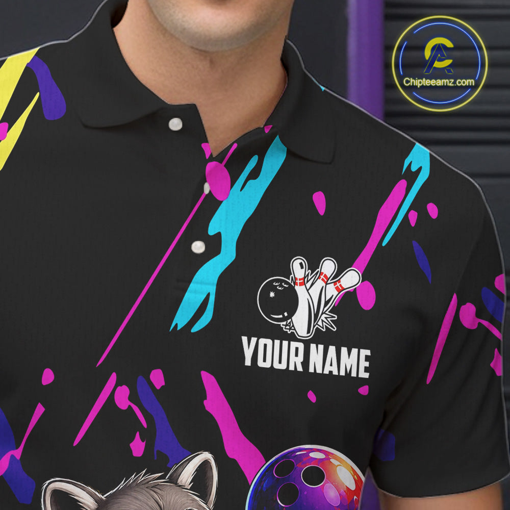 Black polo shirt with colorful designs and a bowling graphic, featuring 'Your Name' text, on a dark background.